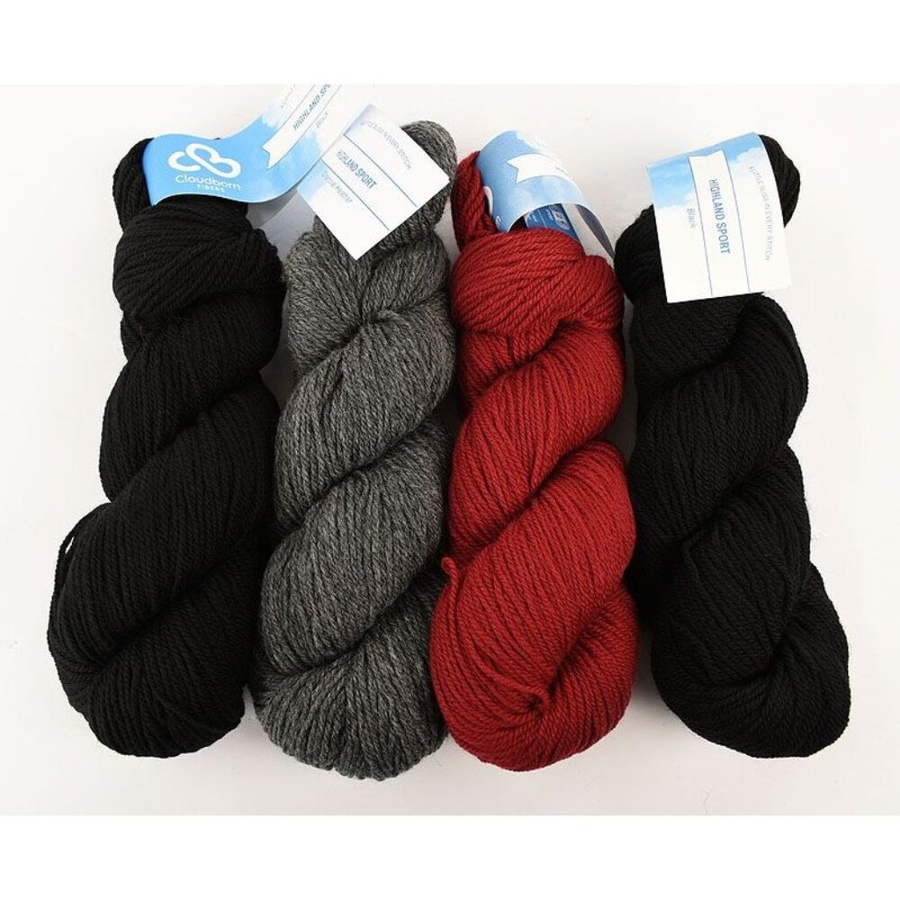 Cloudborn Highland Sport Yarn 4 Skeins Pure Wool Black Charcoal Heather Burgundy